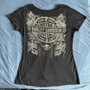 Vntg Harley Davidson Women's T-shirt XL Black Rhinestones Embellished USA Skull